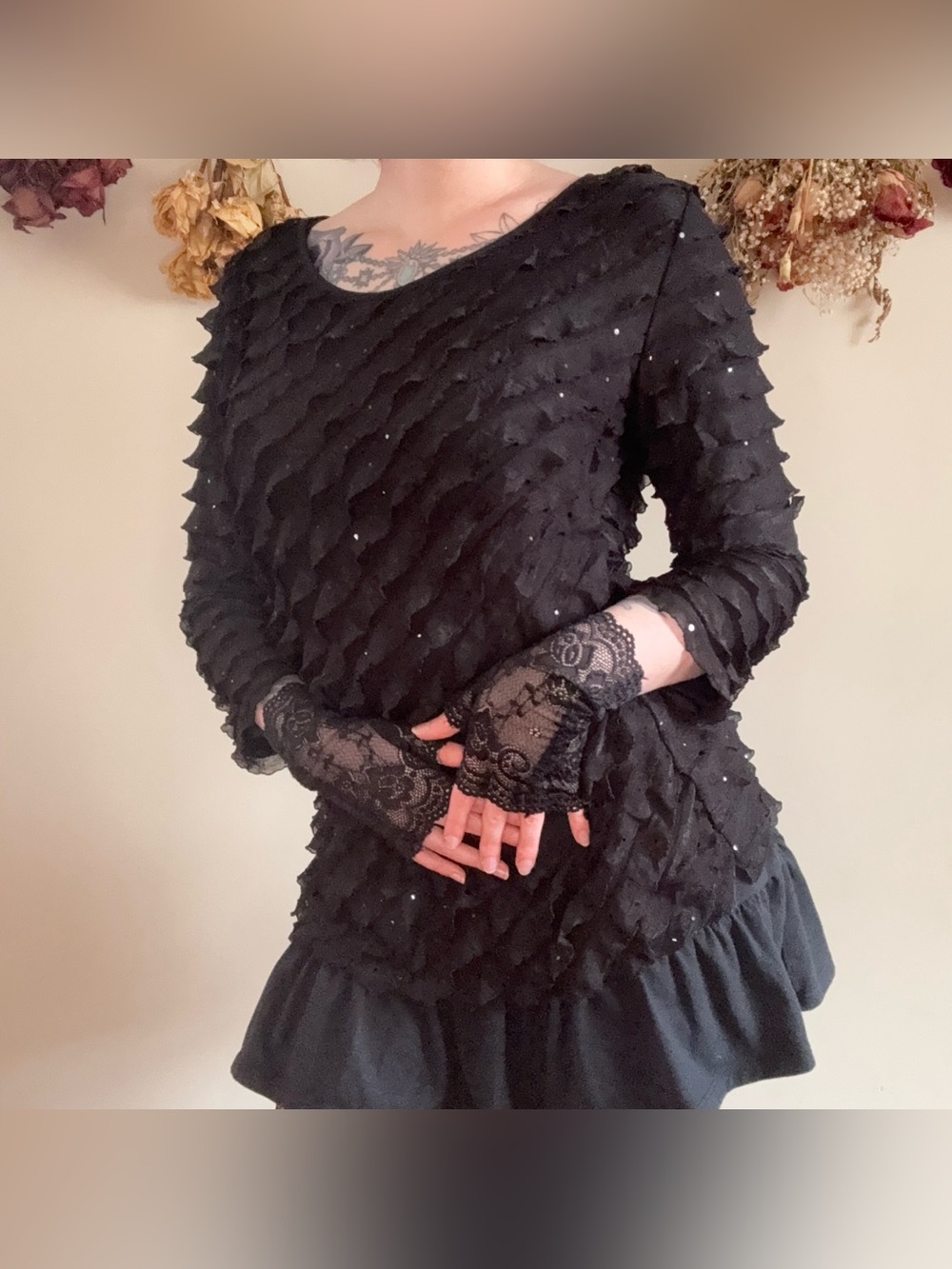 Notations Whimsigoth Black Sparkly Ruffled Long Sleeve Blouse Size M 🖤